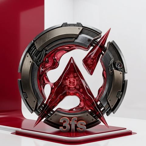The 3FS emblem in brushed chrome and crimson glass